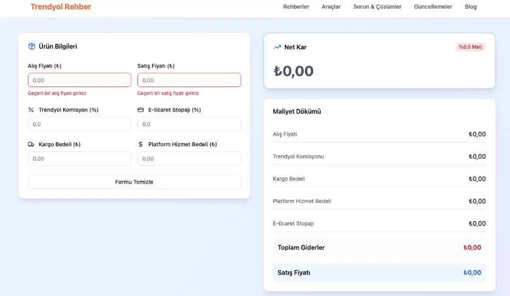 Trendyol Rehber kar hesaplayıcı arayüzü