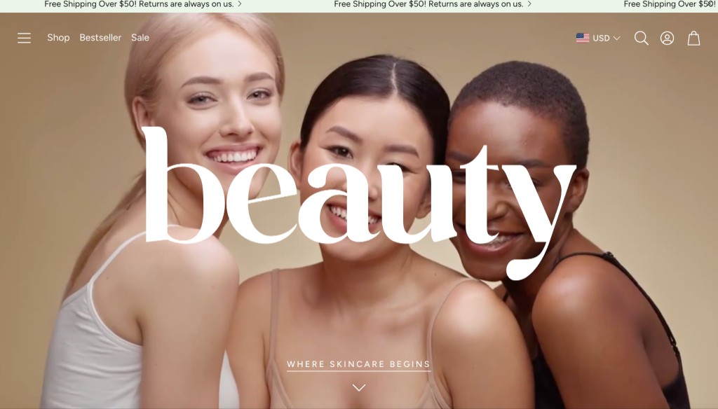 Shopify Wonder teması örnek vitrin — güzellik kategorisi hero ve tipografi odaklı başlık